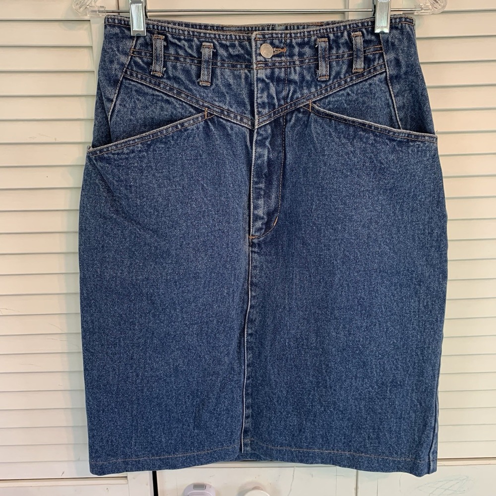 VTG Jordache High Waisted Denim Pencil Skirt Medium Wash Western Yoke Size 12